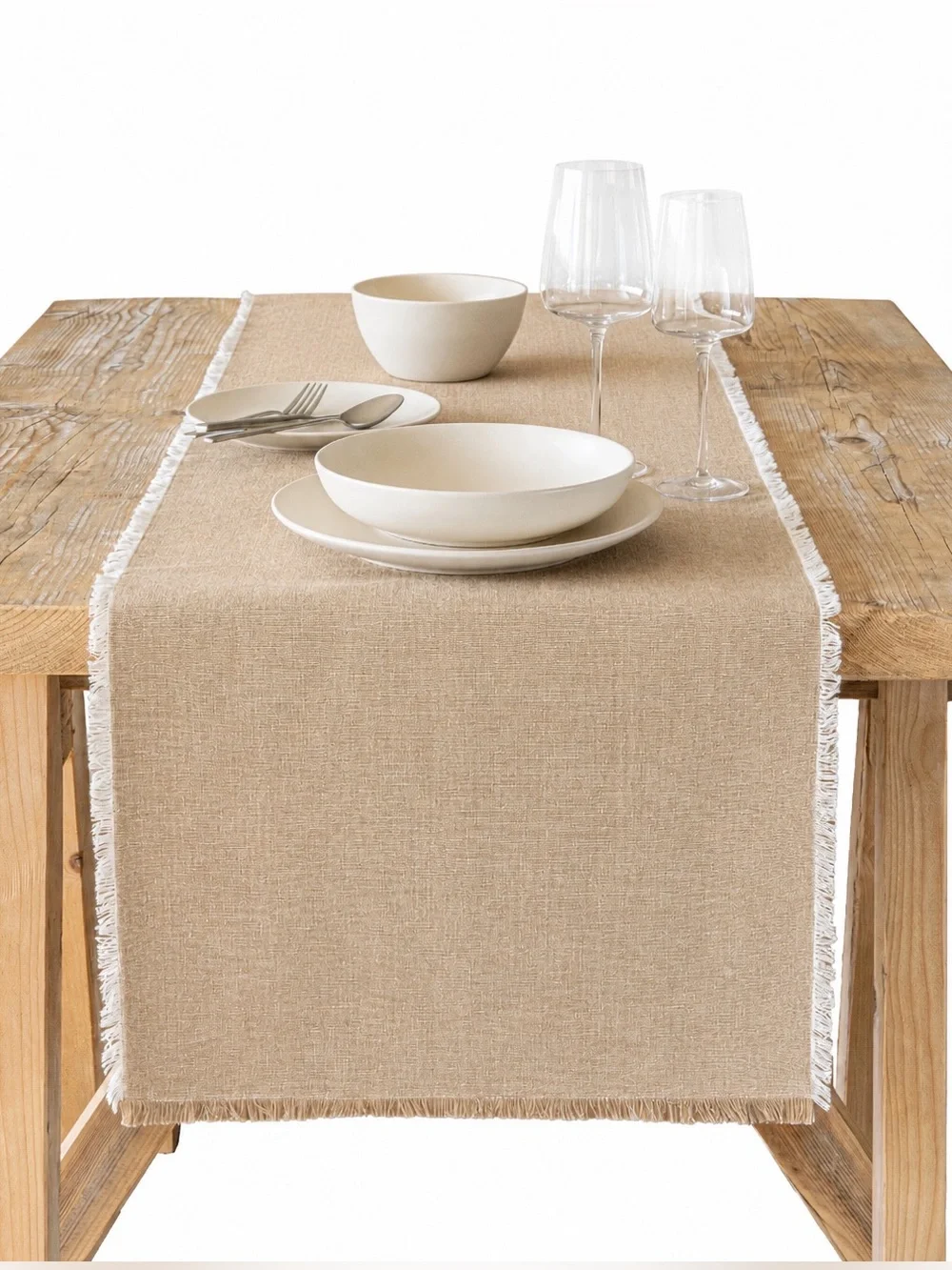 By Anthropologie Beige Fringe Edge Table Runner